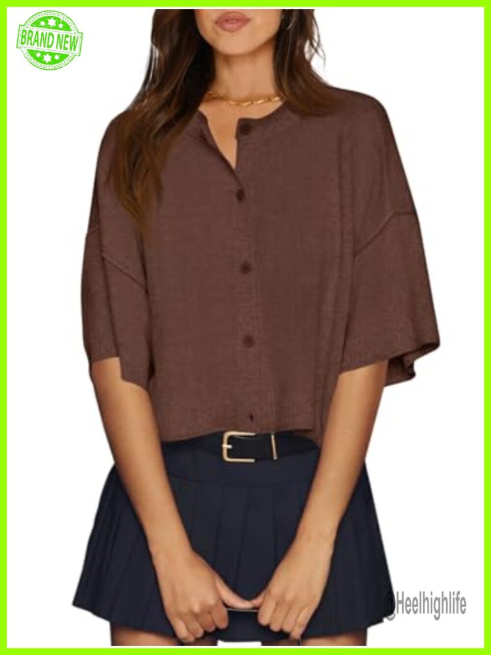 Oversized Half Sleeve Button Front Knit Cardigan Sweater Crew Neck Cropped